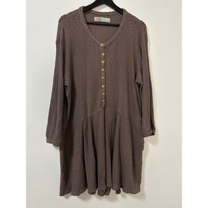 FP Beach Blossom Brown Ribbed V Neck Button Down Drop Waist Tunic Dress Medium